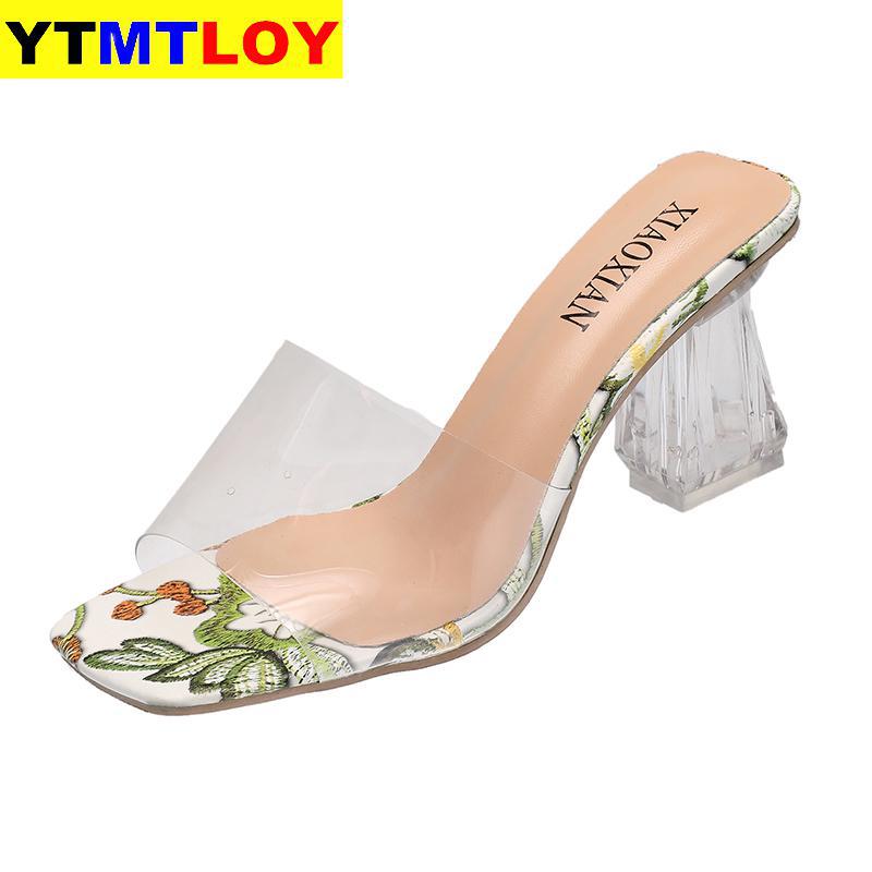 Klare hæle hjemmesko kvinder sandaler sommer gennemsigtige sko firkantede høje pumps jelly buty damskie gladiator firkantet hæl blomst: Grøn / 37