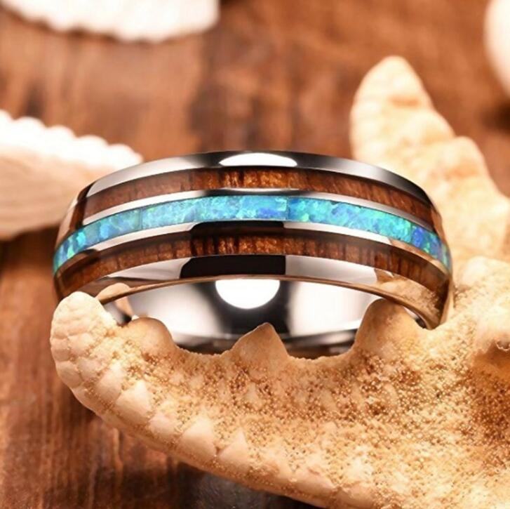 Titanium Ring for Men 8mm Groove Hawaiian Wood and Abalone Shell Tungsten Carbide Engagement Wedding Rings Size 6-13