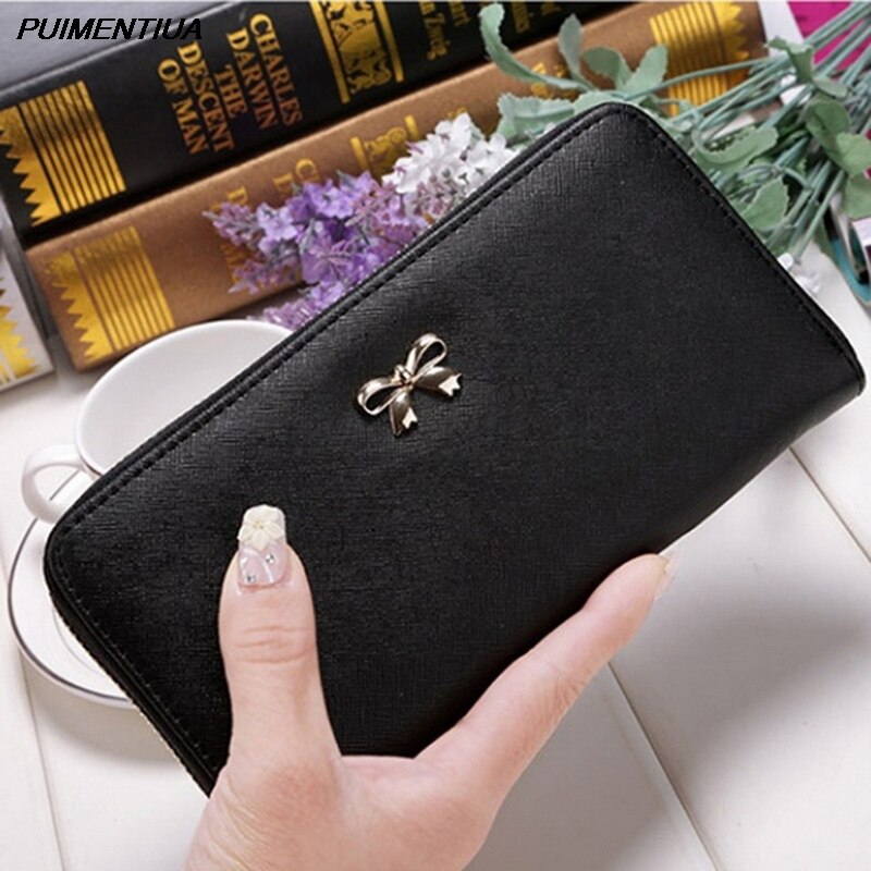 Puimentiua Kaarten Wallet Dames Leuke Strik Vrouwen Lange Portemonnee Pure Kleur Clutch Bag Pu Lederen Tas Telefoon Tas: black