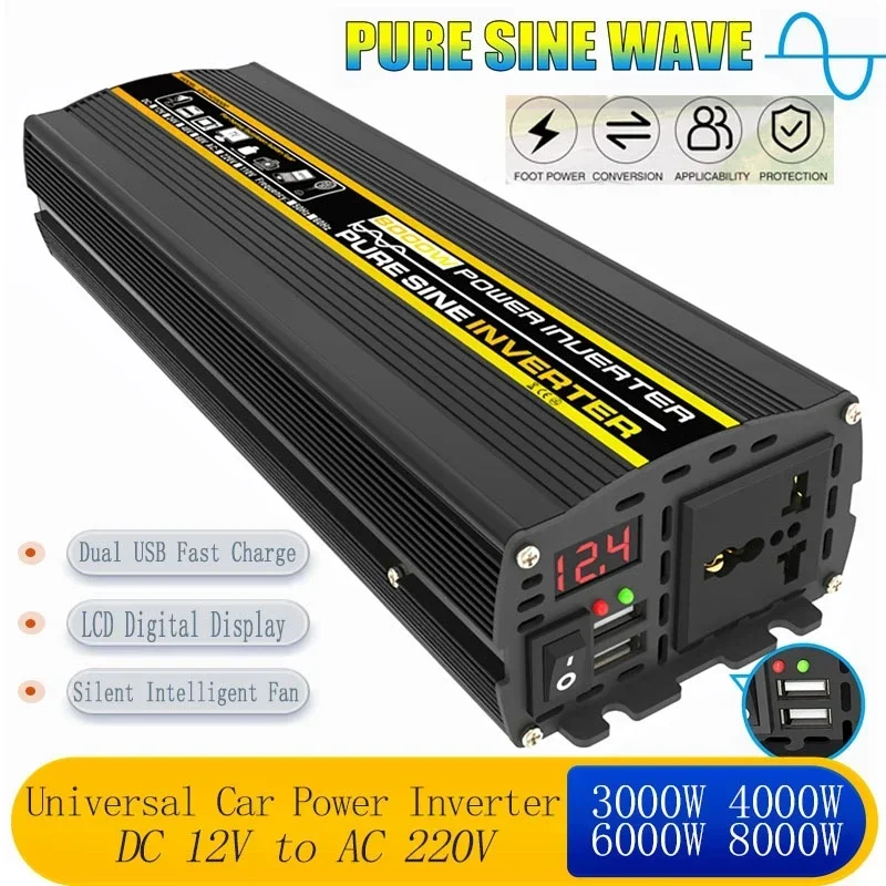 DC12V zu AC 220V Konverter Reine Sinus Welle Energie Wandler 3000W-8000W Spannung Transformator Intelligente Digital Anzeige Auto Hause
