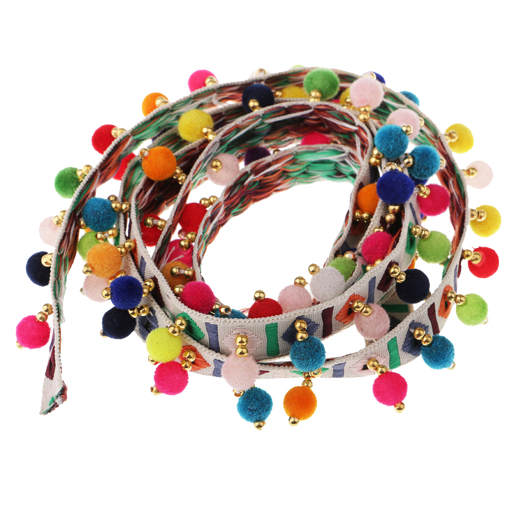 2Pcs Tassel Fringe Trim Ribbon Handmade Rainbow Pom Pom Ball Fringe Trim Ribbon Sewing Fabric DIY Craft Supplies