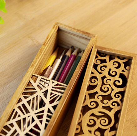 Retro Box Hollow Wood Pencil Case Storage Students Cute Wooden Multi Stationery Desk Accessories