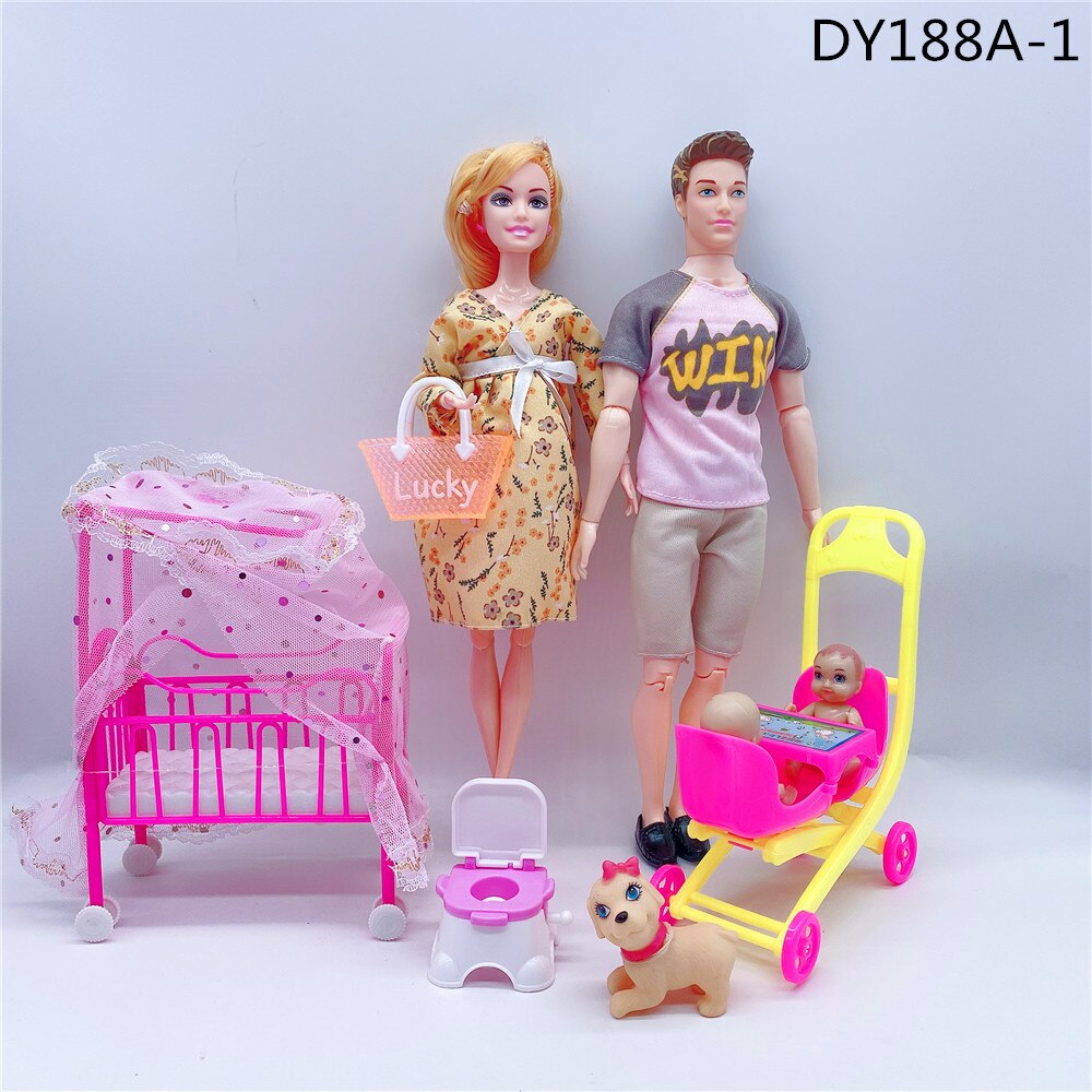Fashionable 11.5”/30CM male doll + pregnant woman doll dress/small stroller/baby bed/children and girls toys accessories