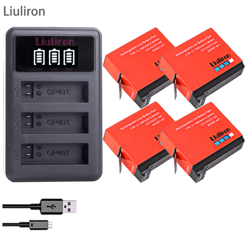 Batería de AHDBT-401 de 1680mAh para Gopro Hero 4, cargador de 3 lotes para Go Pro Hero 4, batería AHDBT 401, accesorios de cámara, 4 Uds.