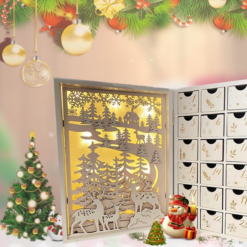 Christmas Wooden Advent Calendar Book with Drawers LED Light Up 24 Days Countdown Candy Organizer Snowy Village Scene Xmas Table