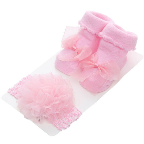 Newborn Solid Color Lace Baby Socks Bow Princess Cute Baby Socks+ Hair Band set: Color A