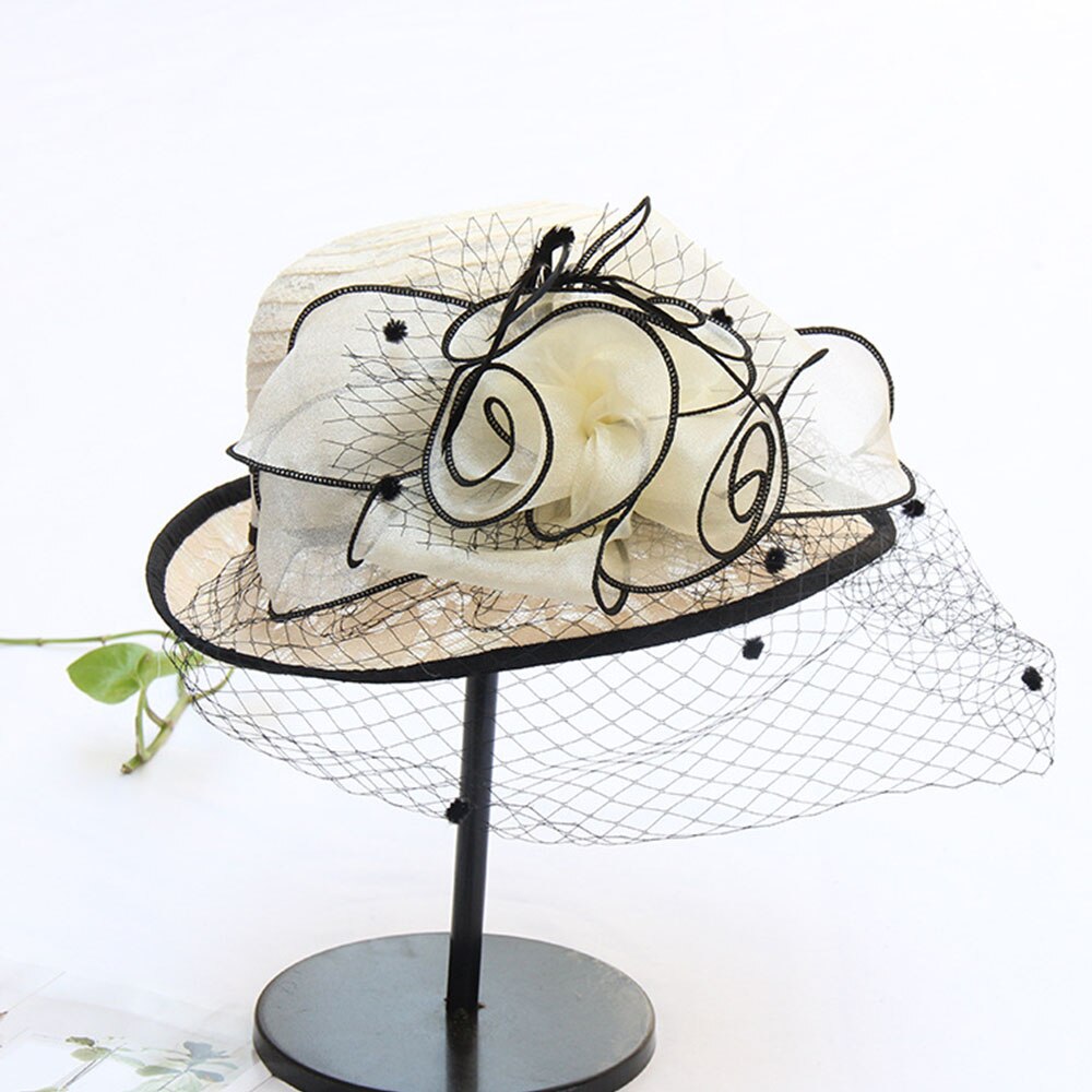 Fs beige hyvät fascinator hatut häät kentucky derby hatut naisille huntu kukka leveä lieri fedora organza kirkon hattu