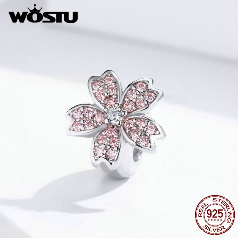 Wostu Sterling Zilver Roze Sakura Geluk Bloem Bedels Kralen Fit Originele Vrouwen Armband Diy Sieraden CQC1291