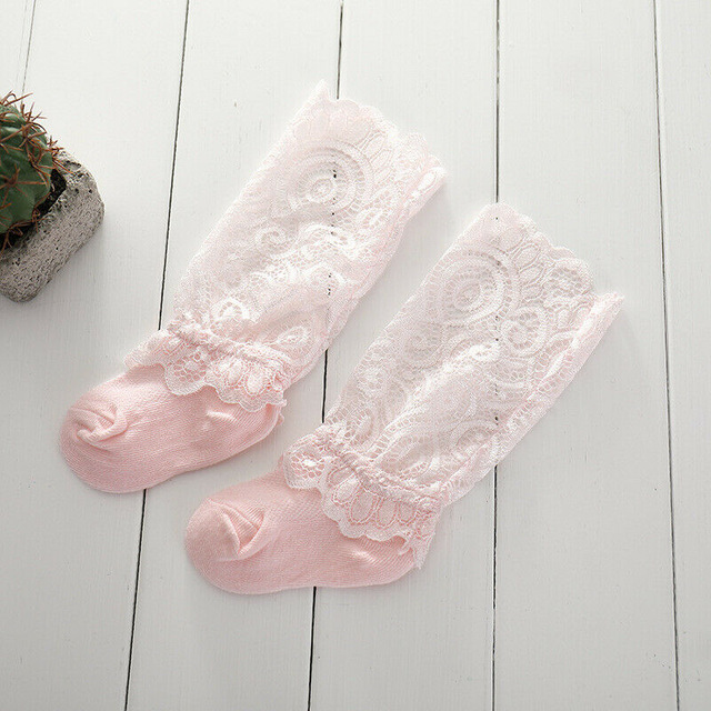 freundlicher Kleinkind freundlicher Baby Mädchen Strumpf Nette Spitze Einfarbig Patchwork Knie Hohe Krause Socken 0-3Y Neueste modisch: Rosa / 0-6 M