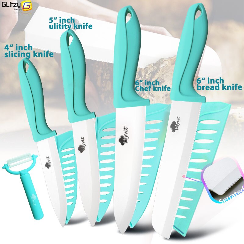 Ceramic Knife 3 4 5 6 inch Knives Kitchen Set White Blade Chef Utility Paring Vegetable Slicing Ceramic Knives With Peeler Set: 456BB WATER BLUE