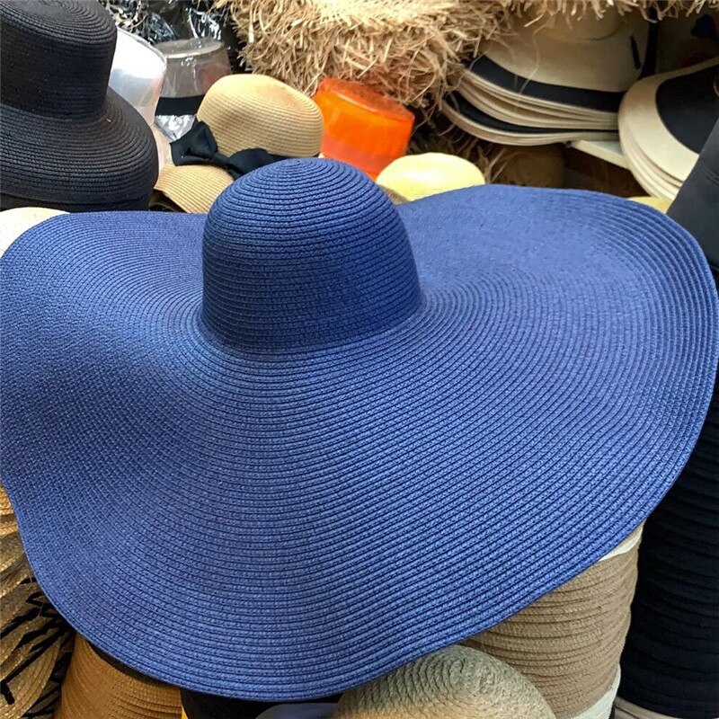 Ht3183 extra stor stor bred brättad hatt dam sommar solhatt kupol packbar solid stråhatt strandhatt kvinnlig solskydd dam floppy hatt: Blå / 25cm brädor
