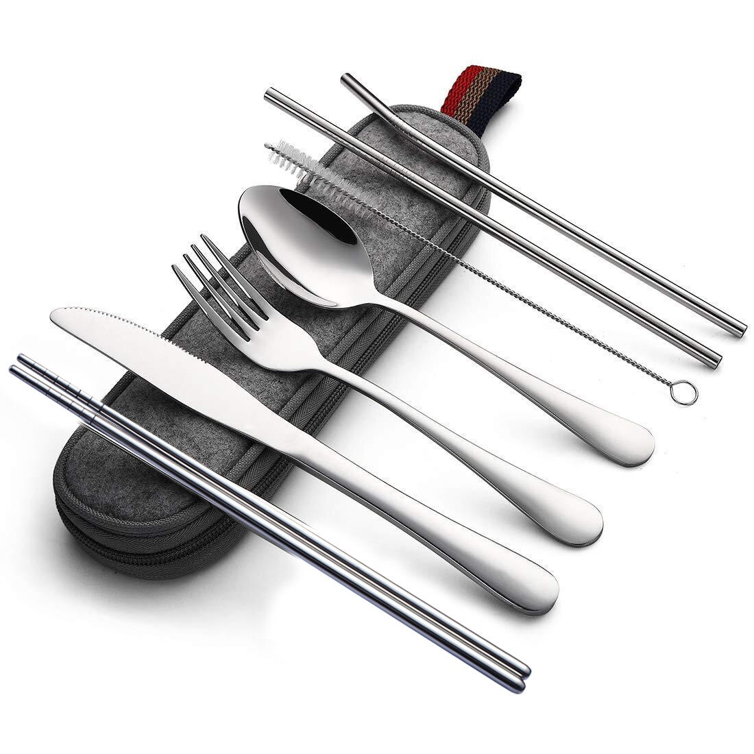 Couverts de voyage, ensemble de vaisselle, argenterie réutilisable avec paille en métal cuillère fourchette baguettes accessoire de cuisine avec étui 7 pièces