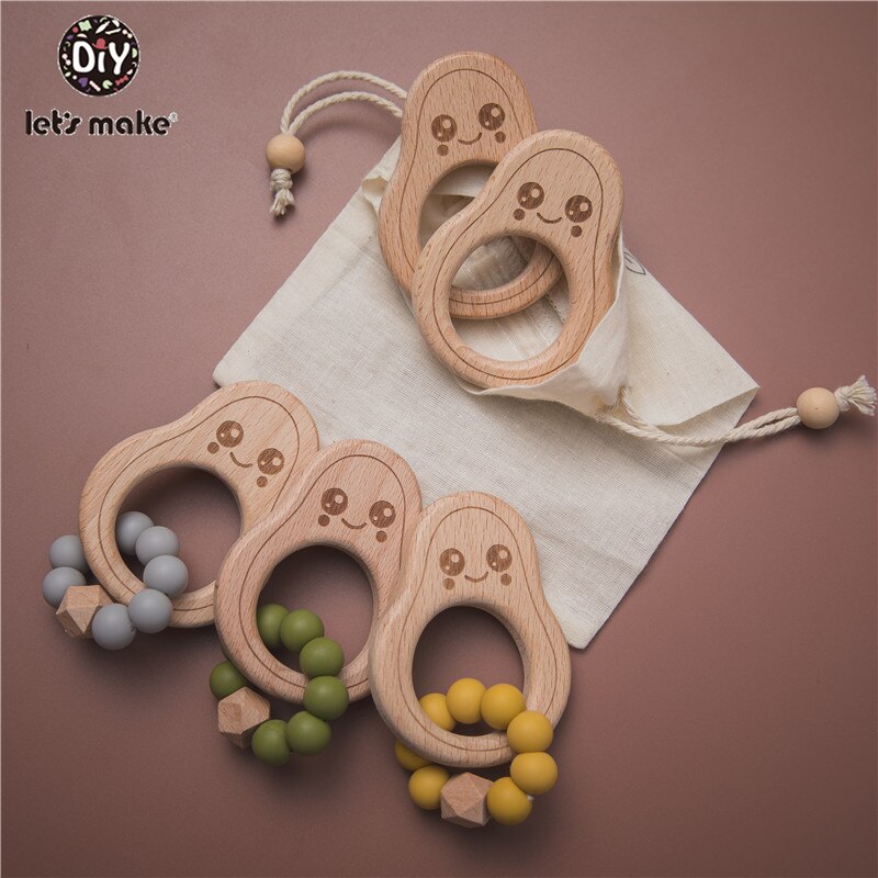 let’s make 1pc Baby Teether Wooden Avocado Bead Care Bracelet BPA-Free Silicone Rattle Teeth Bead Baby Rattle Nurse Toy