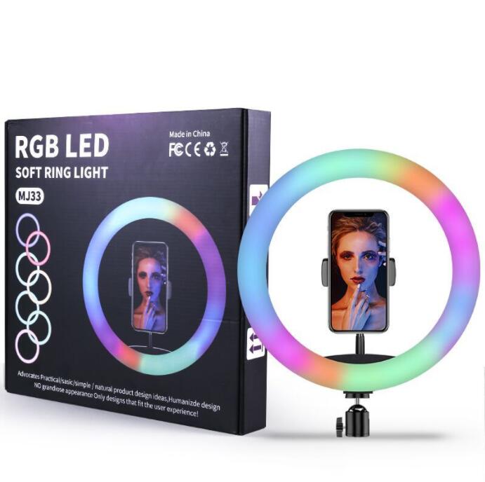 Rgb led anel luz titular do telefone fotografia luz de preenchimento 1.6m tripé regulável rgb selfie conjunto led anel luz remoto para foto vídeo: 33CM