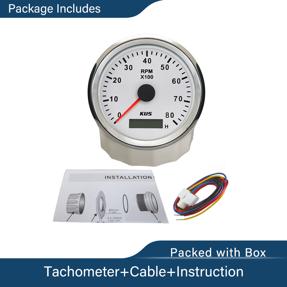 KUS 85mm Tachometer RPM Gauge REV Meter With Hour Meter 0-8000RPM 12V/24V With Backlight