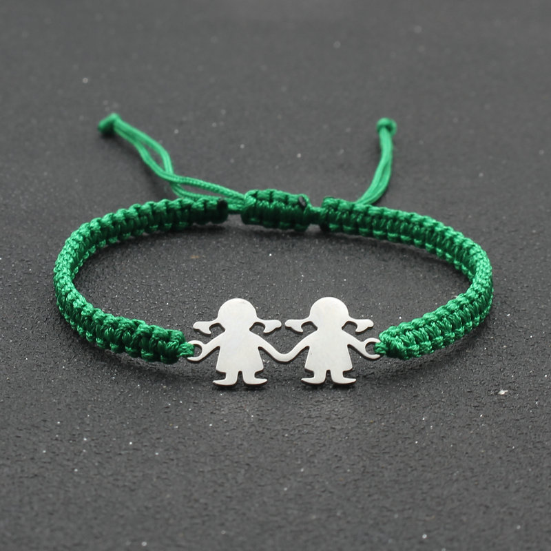Stal nierdzewna śliczne Twin Little Girl Charm bransoletka czarna lina pleciona regulowane bransoletki dla kobiet biżuteria Mujer Pulsera: Green
