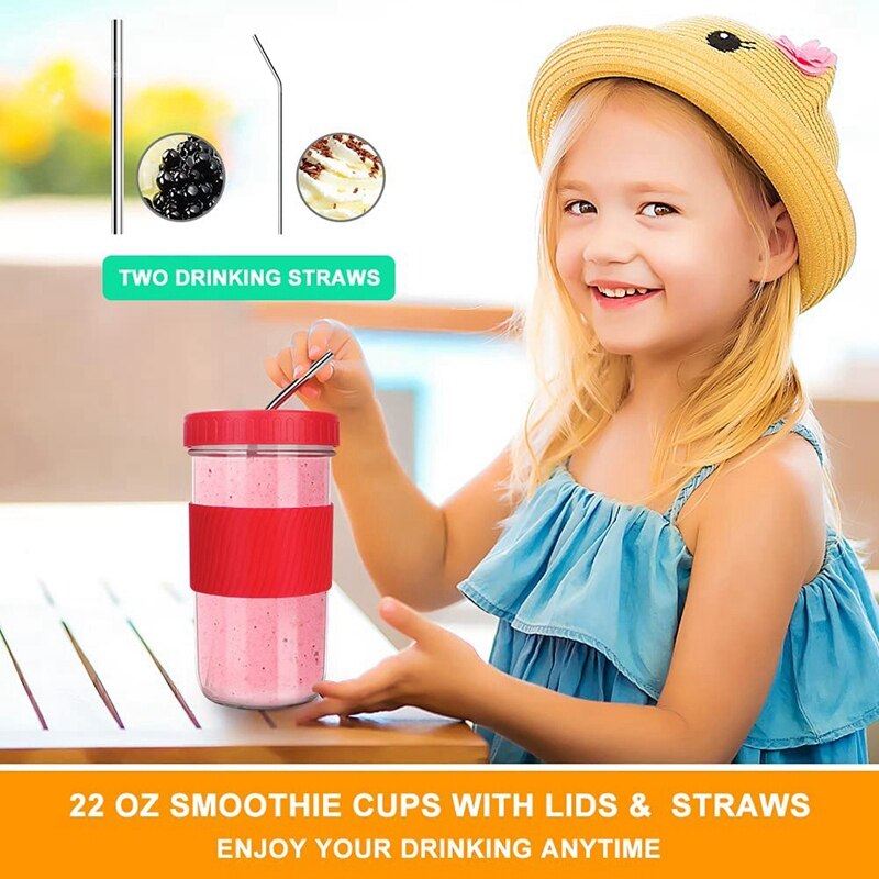 22Oz Reusable Boba Cup Mason Jar Cups with Lids and Straws Smoothie Cup Wide Mouth Bubble Tea Cup Travel Mug