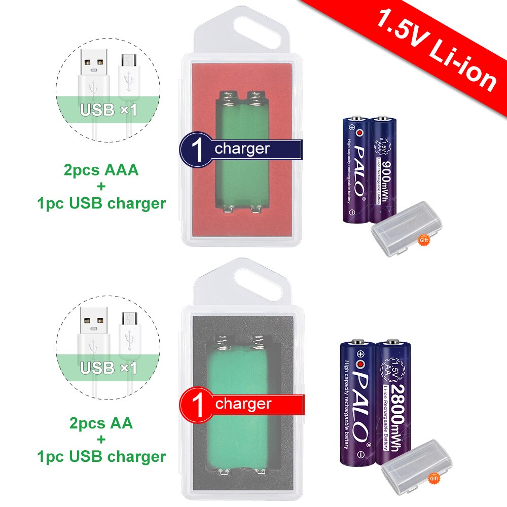 Aa + Aaa Oplaadbare Aa 1.5V 2800mwh/1.5V Aaa 900Mah Li-Ion Batterij Zaklamp Speelgoed Horloge MP3 speler 1.5V Lithium Aa Batterij: 2AA AAA -1charger