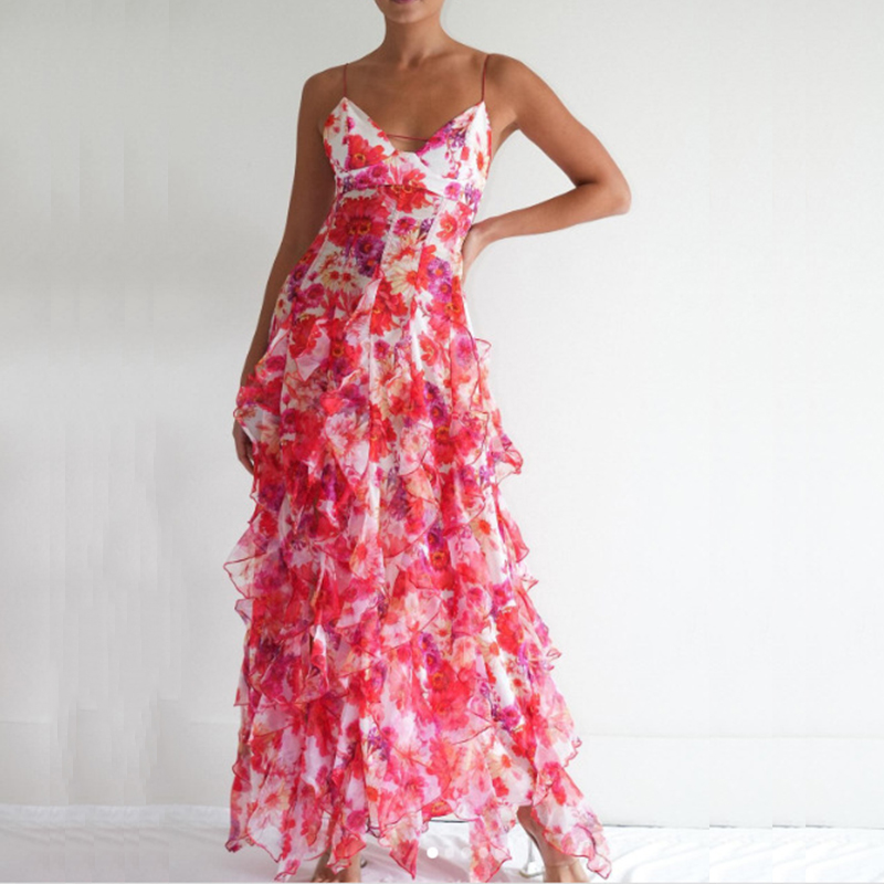 Spring Summer Floral Print Slim Chiffon Dress Female V Neck Ruffle Long Dress Sleeveless Party Dresses Vestidos: L / black