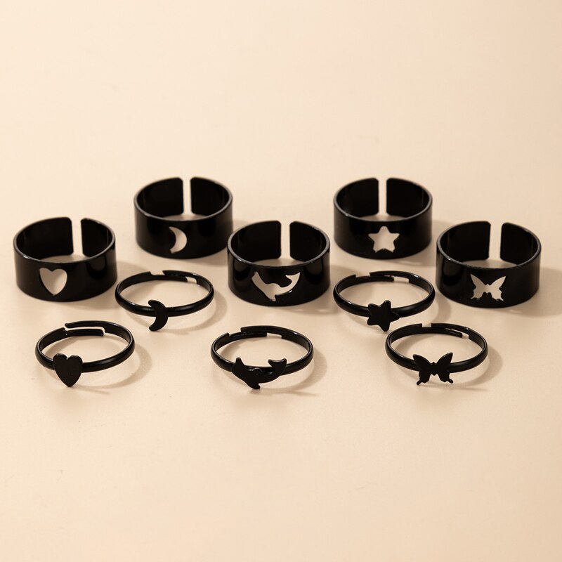 Docona Böhmischen Sterne Mond Bunte Ringe für Frauen Männer Neue modisch Hohl Herz Schmetterling Liebhaber Paar Ring Hochzeit Schmuck: 19634-Schwarz