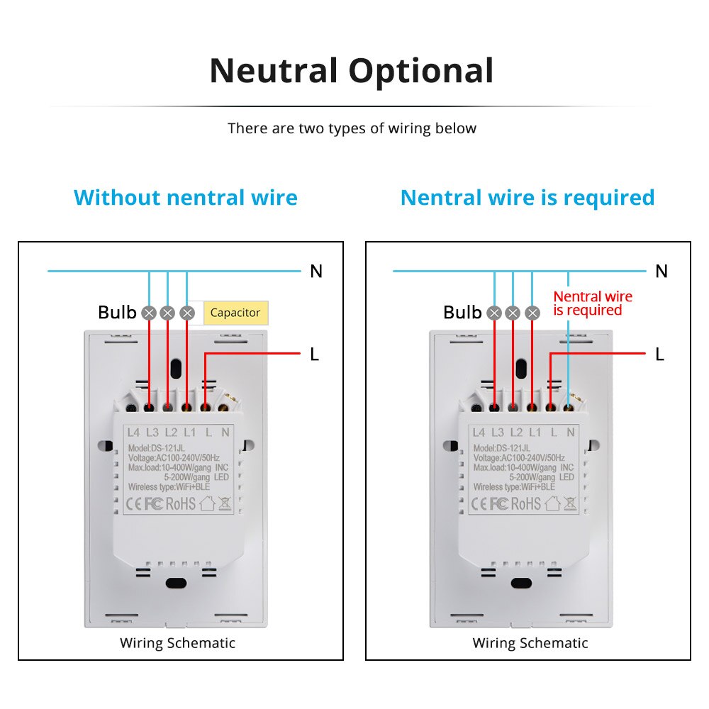 Zemismart US Tuya WiFi Light Switch Neutral Optional Wire 1 2 3 Gang Alexa Google Home Assistant Smart Life Control 100V 240V