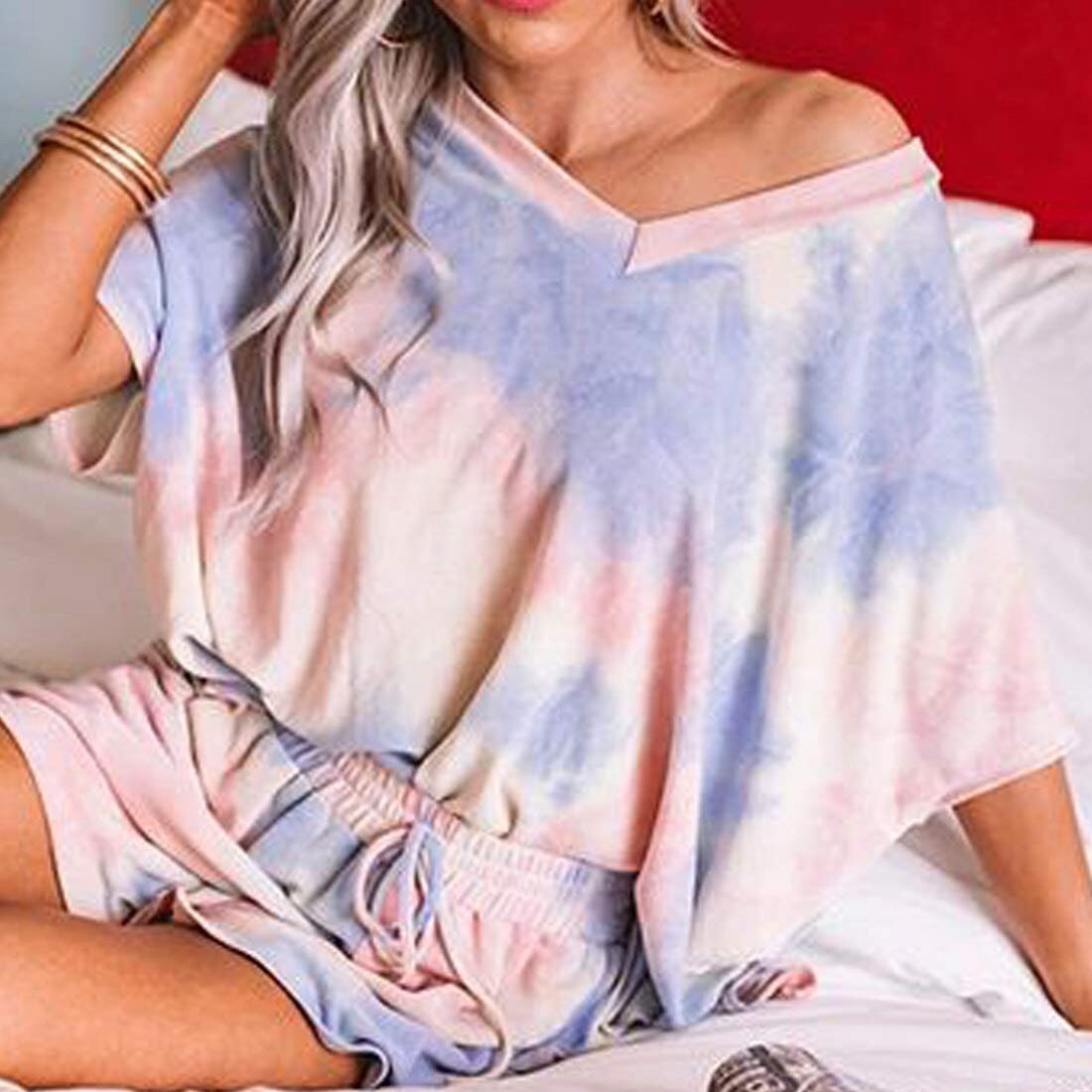 Vrouwen Nachtkleding Set Tie-Dye Leisure Korte Mouw Pyjama Set Vrouwelijke Nachtkleding Top Sport Shorts Homewear Pigiama