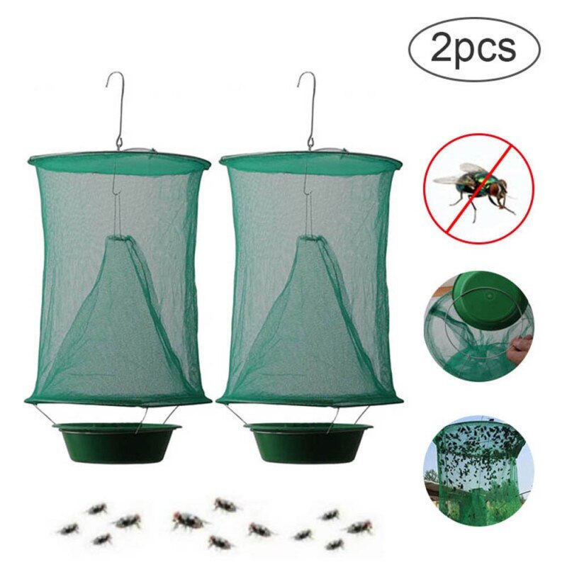 Piège à mouches vert suspendu pliant # filet vert + Pot (sans appât): 2 PC
