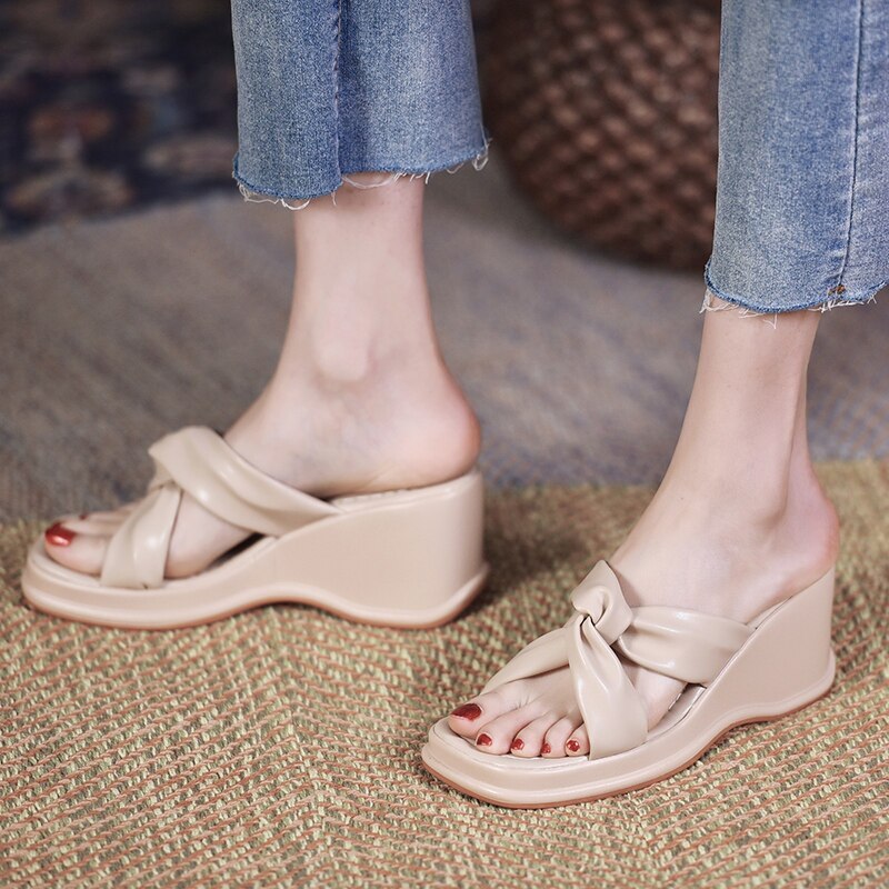 Zomer Vrouwen Casual Slippers Platform Wedge Solid Cross Riem Bovenste Dikke Zool Outdoor Strand Slides Trend Sandalen Dames Schoenen: Beige / 35