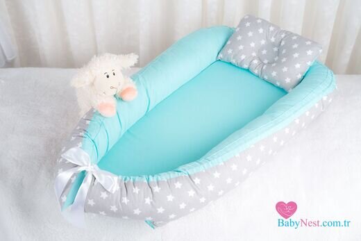 Babynest newborn baby nest bed portable crib travel bed baby nest baby lounge crib bumper pillow cushion: BabyNest Gri Yıldız ve Mint Yeşili