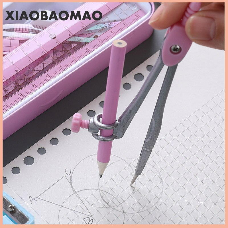 8pcs=1 Set School Metal Compass Cute Girl Stationery Student Drawing Compasso Geometry Math Drafting Tools (Included Box Pencil)