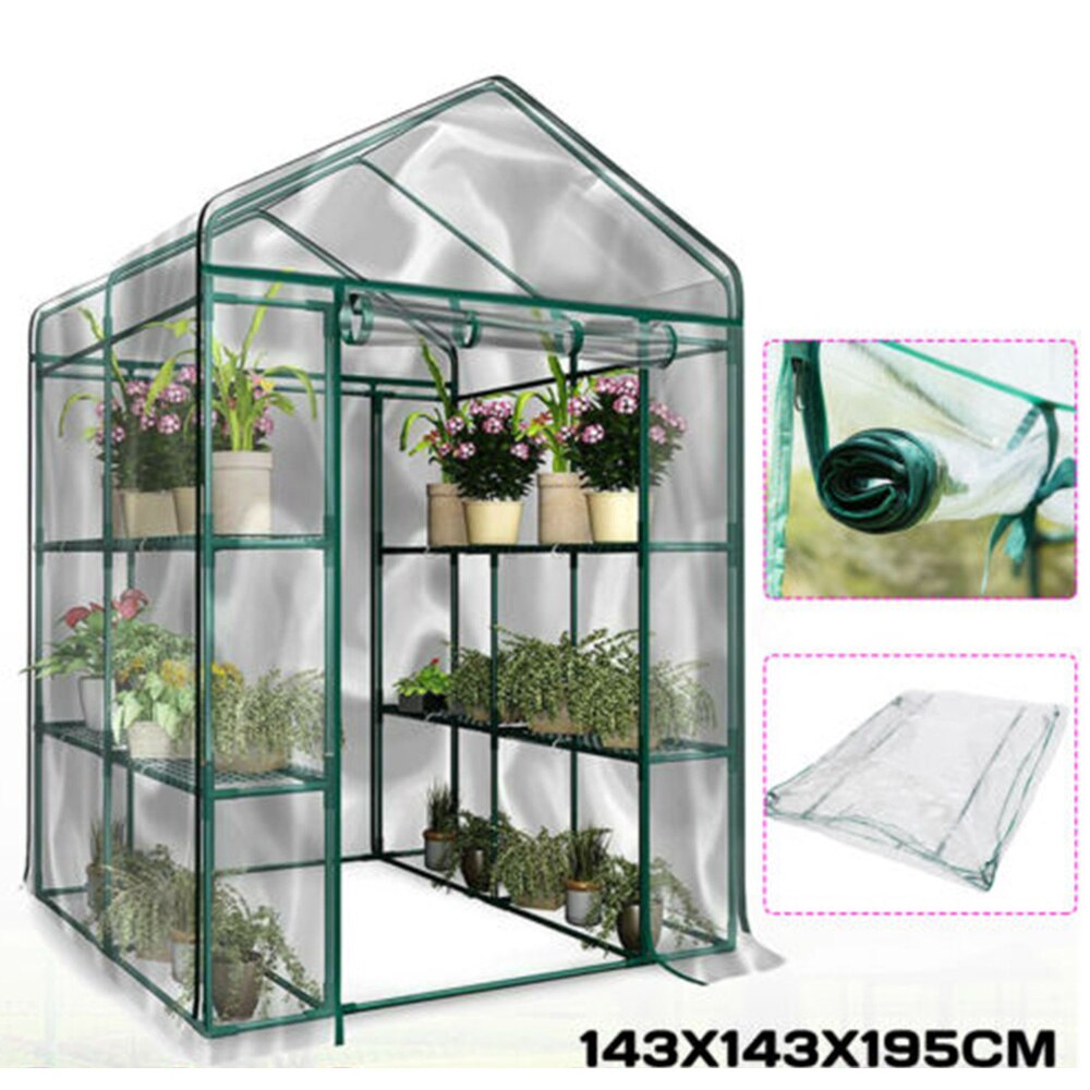 3- etasjes drivhus pvc deksel hageplanter blomst grønt hus takhylle skur 143 x 143 x 195cm pvc deksel uten brakett