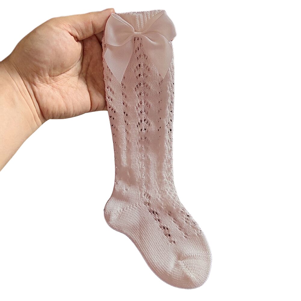 Baby pige ensfarvet knæhøje sokker åndbart skridt udhulet rørstrømper med sød sløjfe til spædbørn småbørn: Lyserød / 1-3y