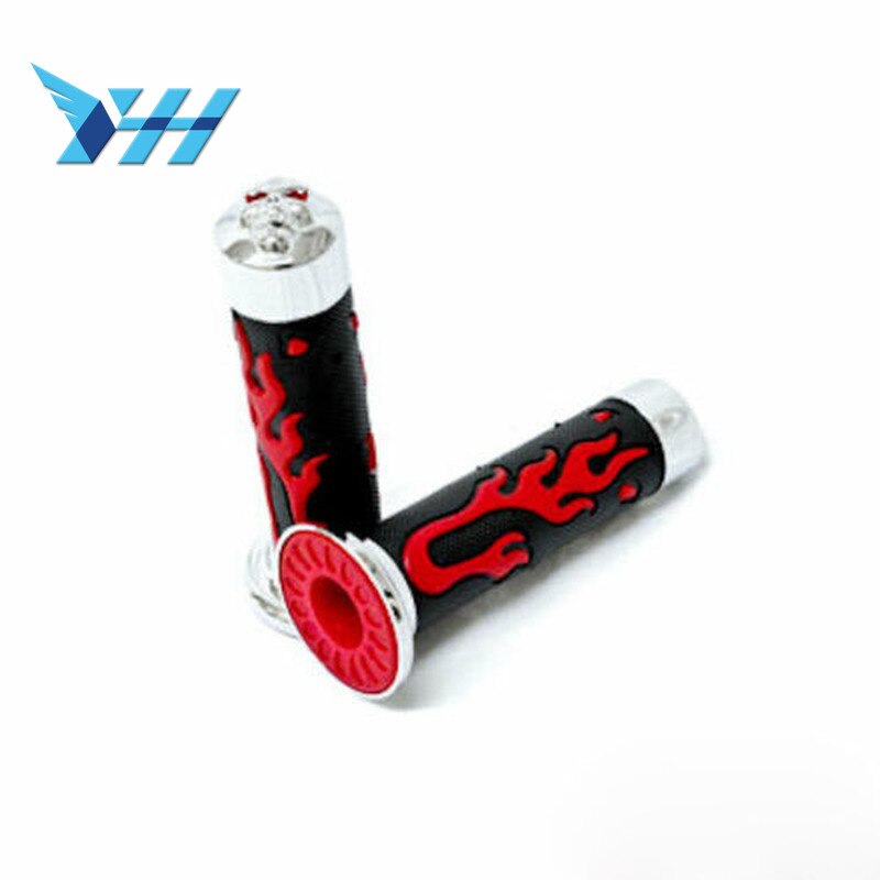 A Pair of 7/8", 22cm Skull Flame Gel Hand Grips Motorcycle Bar Ends Rubber Handle Grips Red