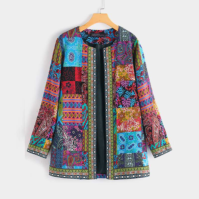ZANZEA ethnique imprimé Cardigan mince manteaux à manches longues Blusas femmes vestes décontracté O cou ouvert Stich pardessus grande taille: Vert / XXL
