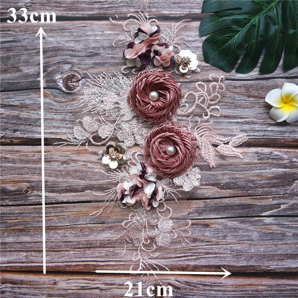 Rosa 3d flor tecido de renda contas lantejoulas bordado vestido de casamento apliques colarinho malha costurar remendos para vestido decoração diy