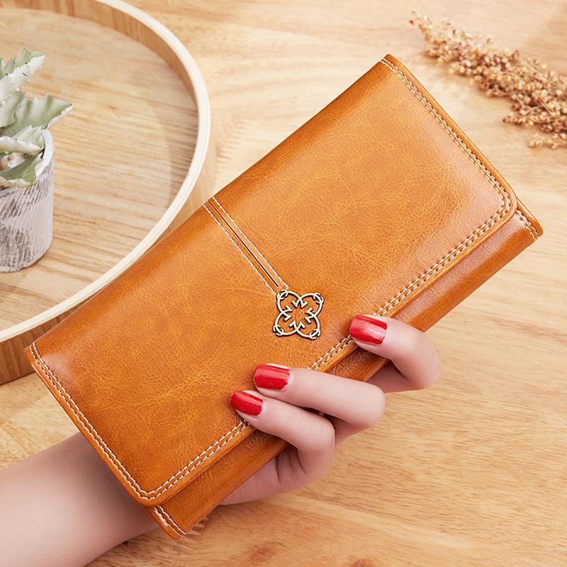 Women's Wallet Wax oil skin wallet portfel damski Lady Long Leather Clutch Bag Wallet Card Holder carteira feminina: Brown