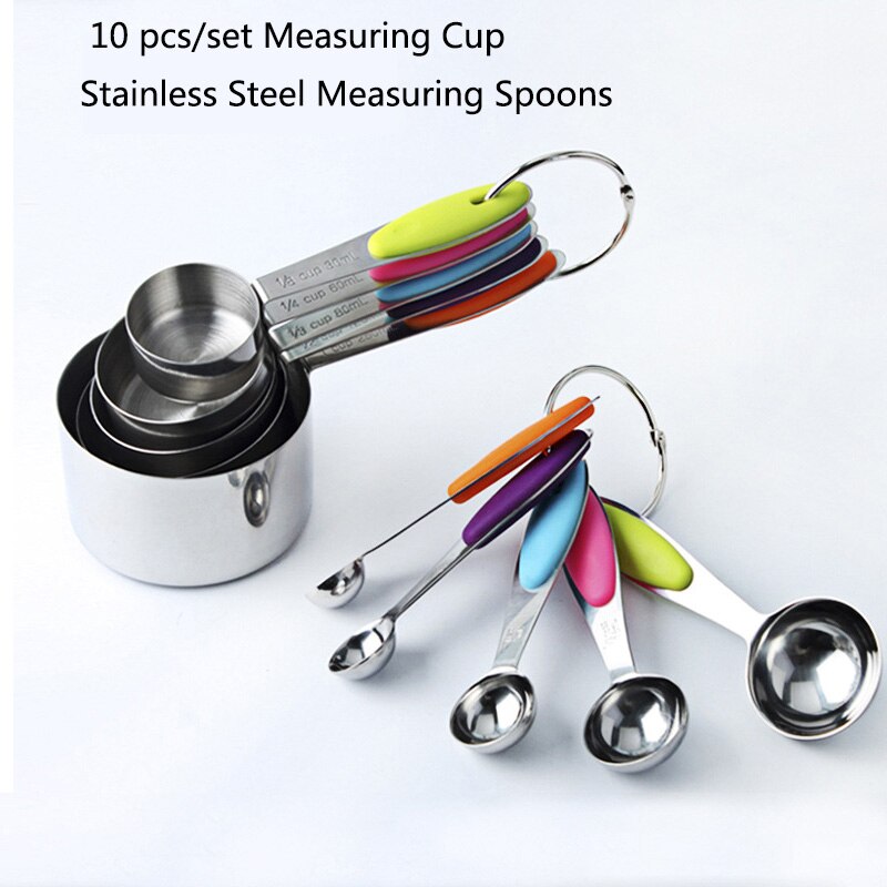 5/10 pcs/set Maatbeker Set 430 Roestvrij Staal Meten Lepel Met Siliconen Handvat Opvouwbare Cake Bakken Meetinstrument: 10pcs