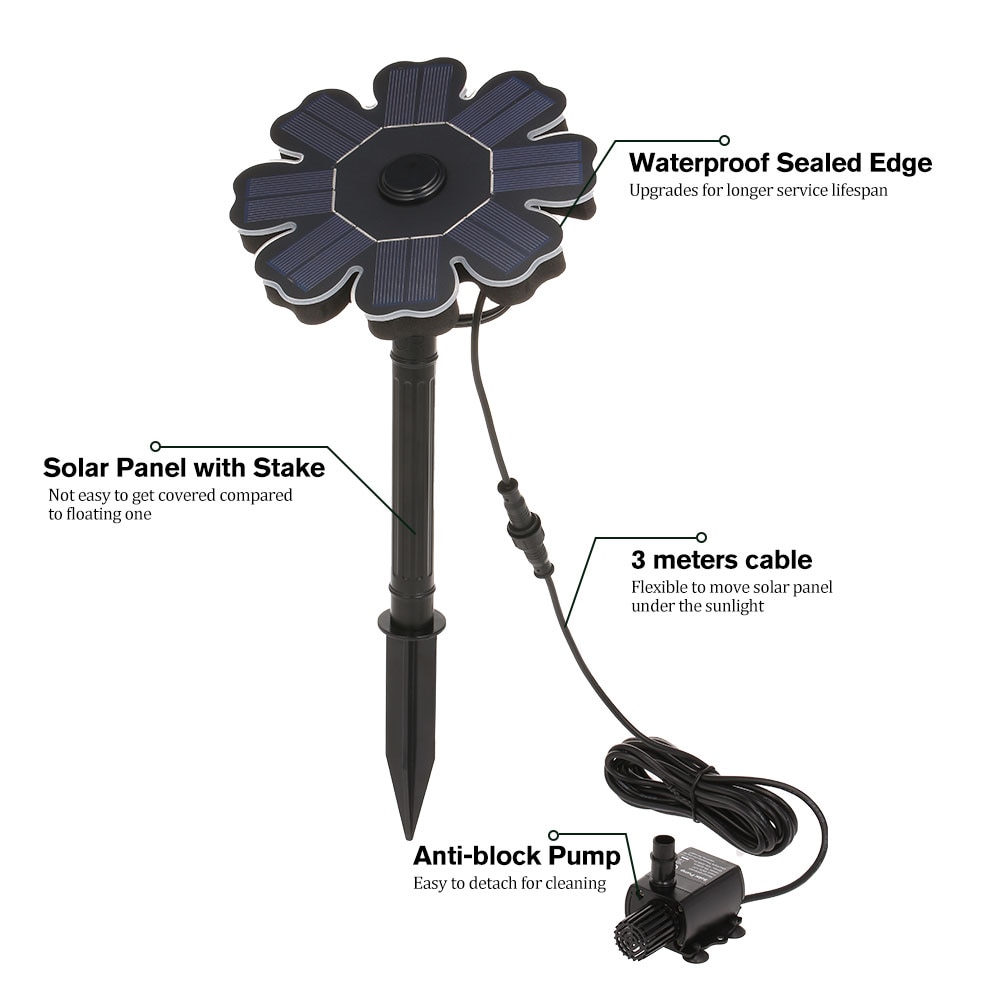 1.6W Solar Water Pump Solar Powered Fountain Pump for Bird Bath Flower Shaped Solar Panel with Stake Solar Powered