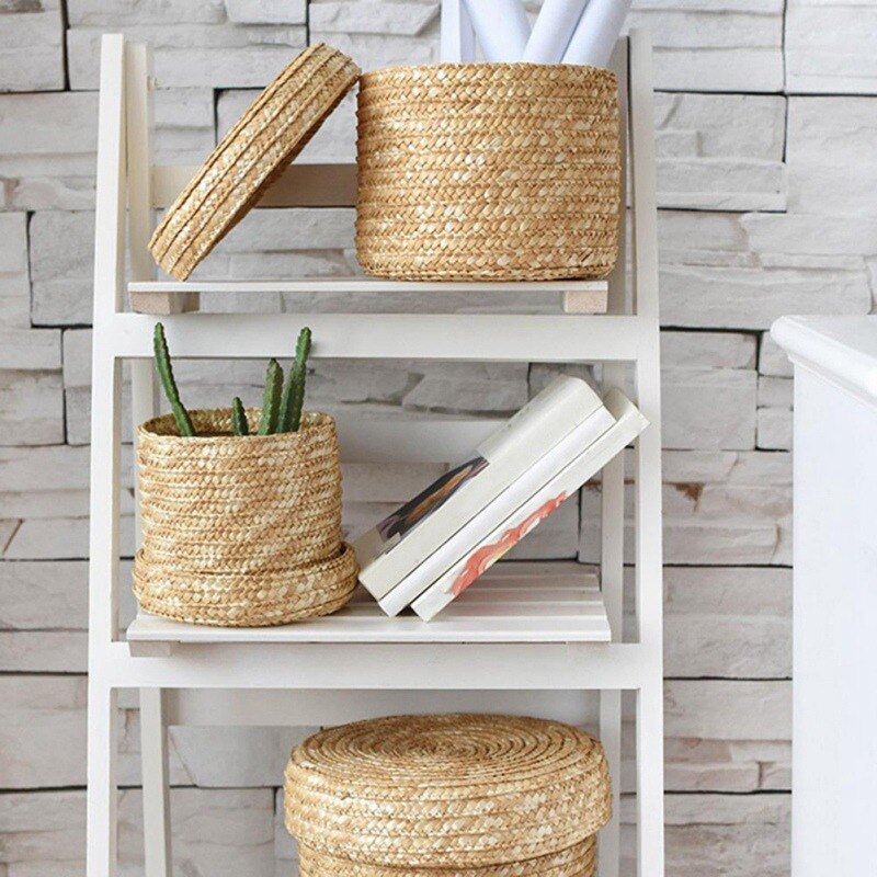 Handmade Straw Woven Storage Basket With Lid Desktop Snack Organizer Sundries Storage Box Laundry Baskets Rattan Flower Basket