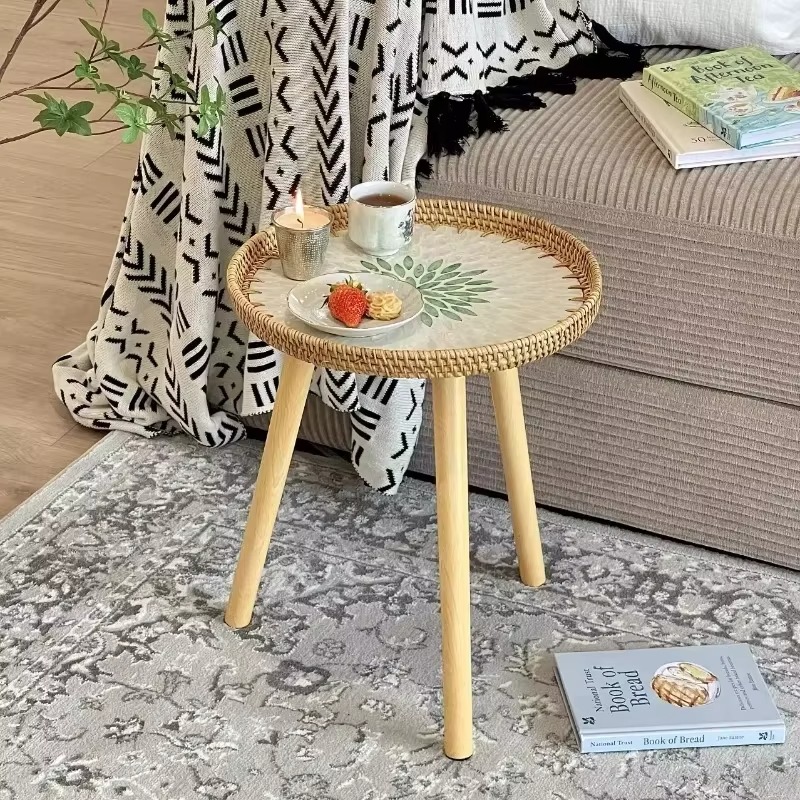 Mesa con bandeja redonda portátil, de ventanal japonés, mesa auxiliar compacta, solución de almacenamiento para sala de estar, mesa con bandeja compacta.