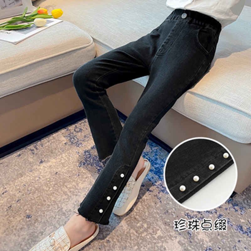 Casual Black Color Girls Jeans Cotton Pearl Bottom Flare Pants Teenage Skinny Trousers for Spring Autumn Clothes 6 8 11Years OId