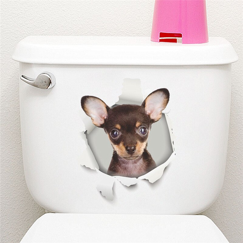 Leuke Hond Kat 3d Gebroken Gat Wc Stickers Voor Wasruimte Huis Decoratie Diy Ainimals Muurschilderingen Cartoon Puppy Kitten Kids decal