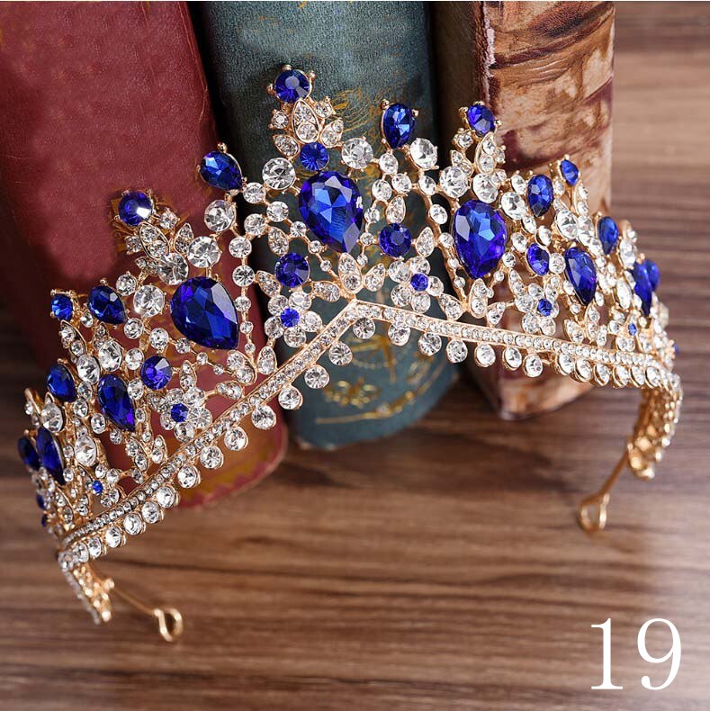 Baroque Luxury Handmade Rhinestone Bridal blue Crystal Big Crown Tiaras Diadem for Bride Headbands Wedding Hair Accessories: 19