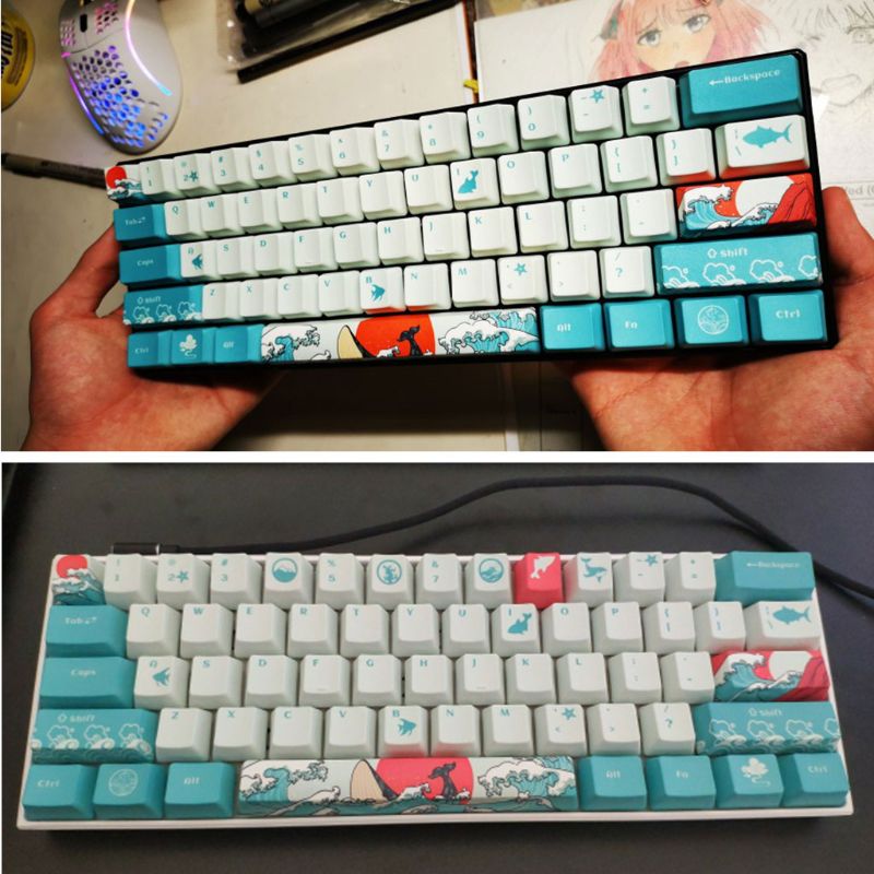 PBT Keycap Set - 108 Keys - Dye Sublimation - Ukiyo-e Sea Waves / Summer Lotus Designs