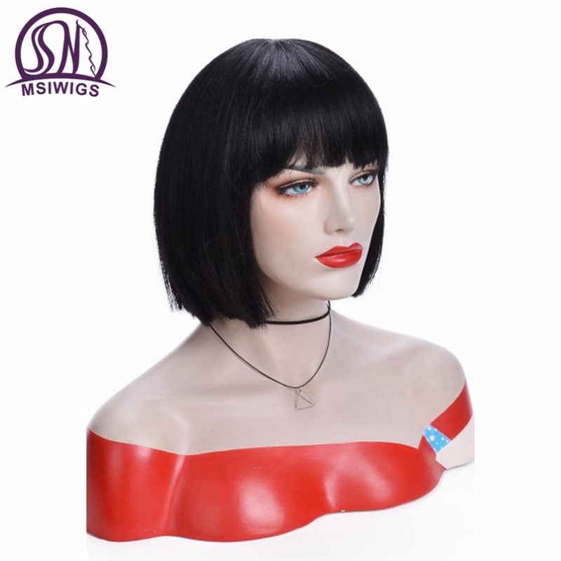 Msiwigs bob hair mustat lyhyet peruukit naisille suorat synteettiset hiukset peruukki otsatukkalla tuhkanharmaat hiukset lämmönkestävä kuitu