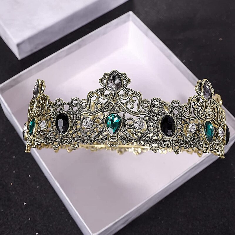 Couronnes de roi Vintage en métal pour hommes, couronne de roi complète avec strass vert, tiare d&#39;anniversaire pour hommes, couronnes de bal