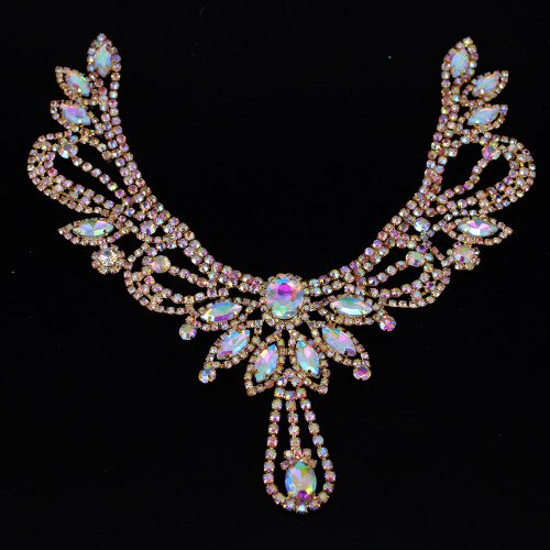 Accessoires de vêtements or Ab, collier en cristal, gros décolleté, strass à coudre, pour décoration de robe de mariée: Gold AB Applique