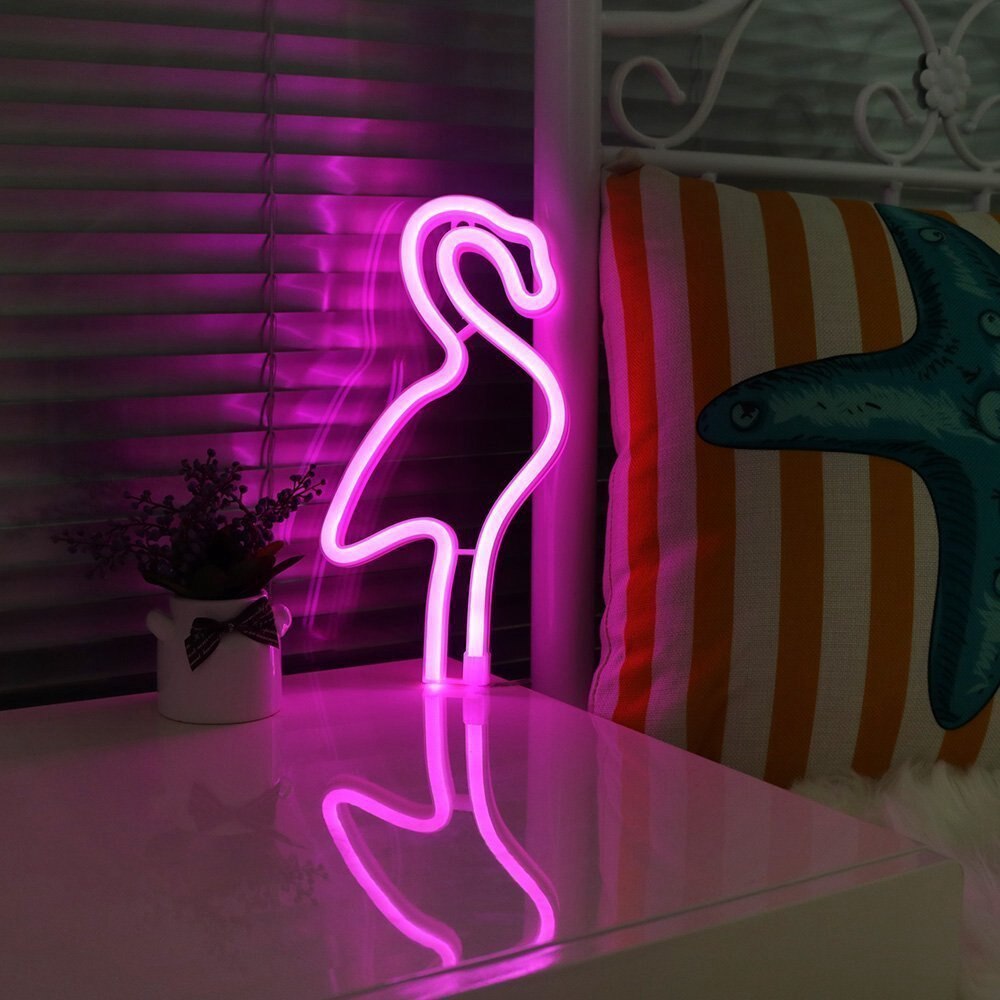 Lámpara de luz LED de neón con de flamenco para niños, lámpara de noche con batería, funciona con USB, para dormitorio, sala de estar, de boda,