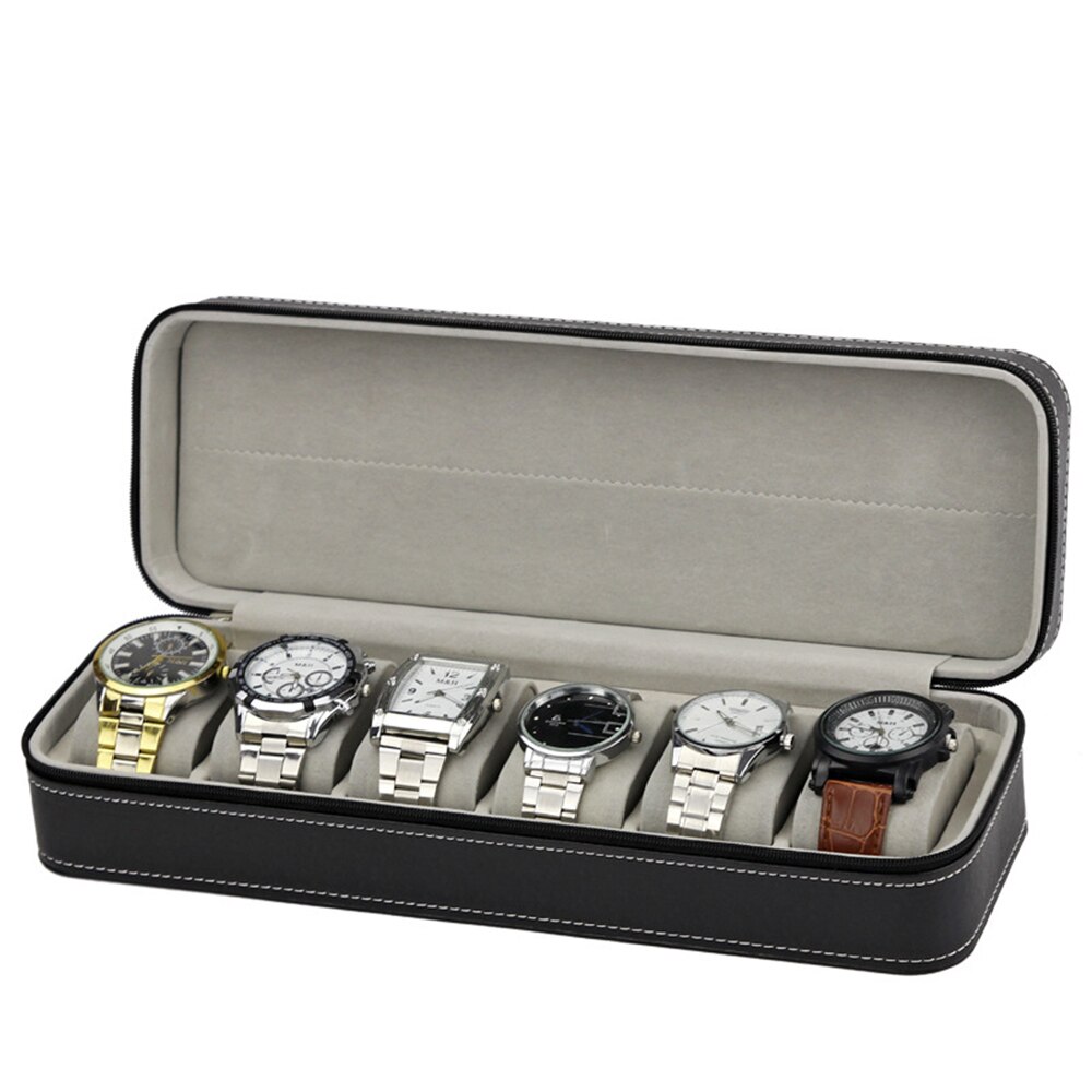 Draagbare Horloge Box Organizer PU Leer Kist met Rits Klassieke Stijl 6 Grids Multi-Functionele Armband Horloge Vitrine