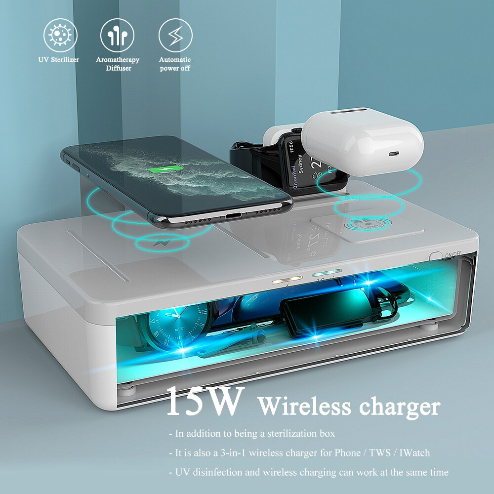 Aankomen Uv Telefoon Sterilisator 3 In 1 Draadloze Oplader Multi Functie Sterilisator Mobiele Telefoon Uv Sanitizer Doos Desinfectie